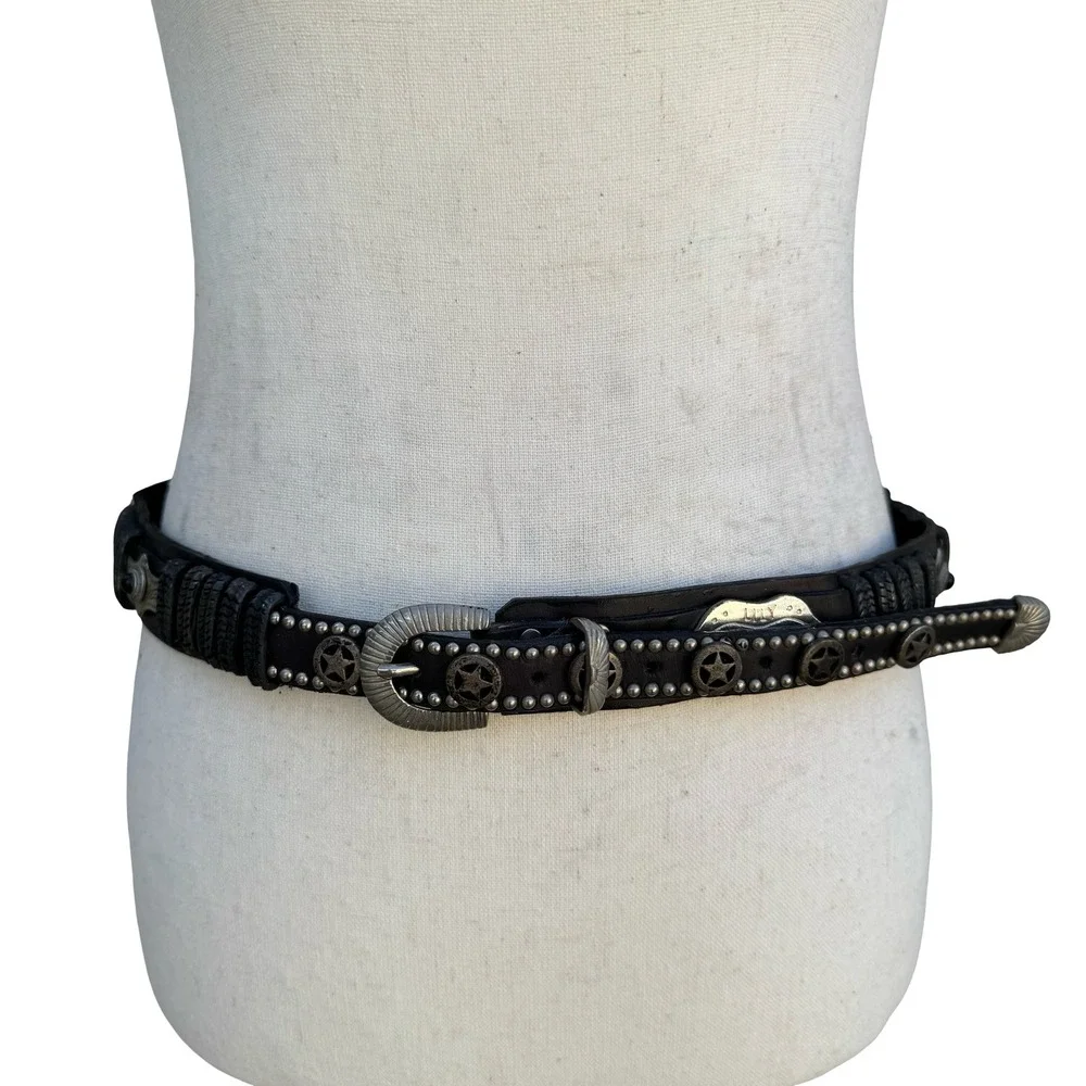Lily Farouche Munich Vintage Black Leather‎ Western Stud Star Belt West Germany